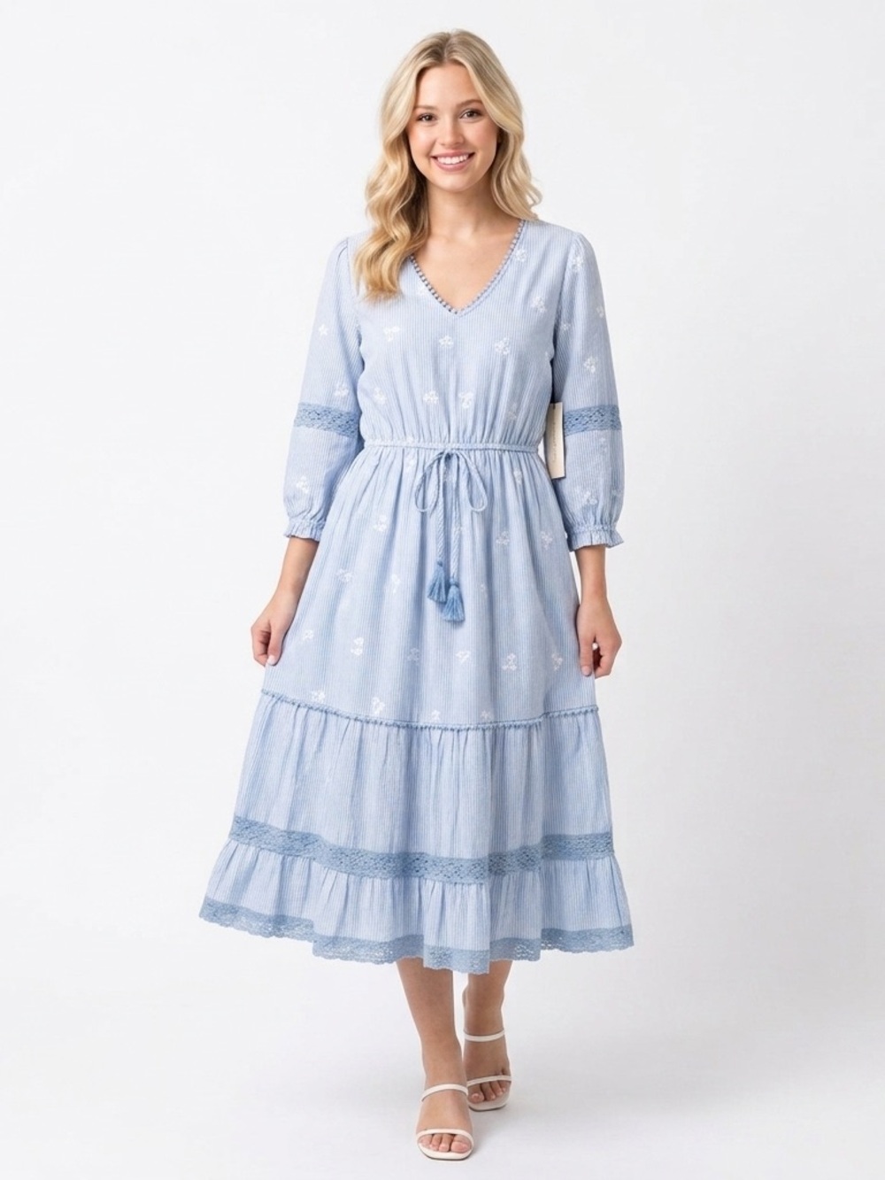 Penelope Rose Blue White Striped Embroidered Tiered Maxi Dress Large Cottagecore